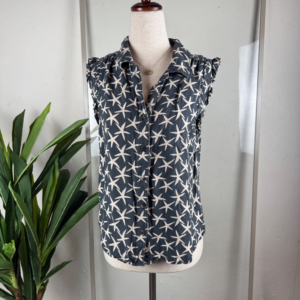 Coastal Whimsy Nautical Starfish Print Button Down Navy Ruffle Sleeveless Small
